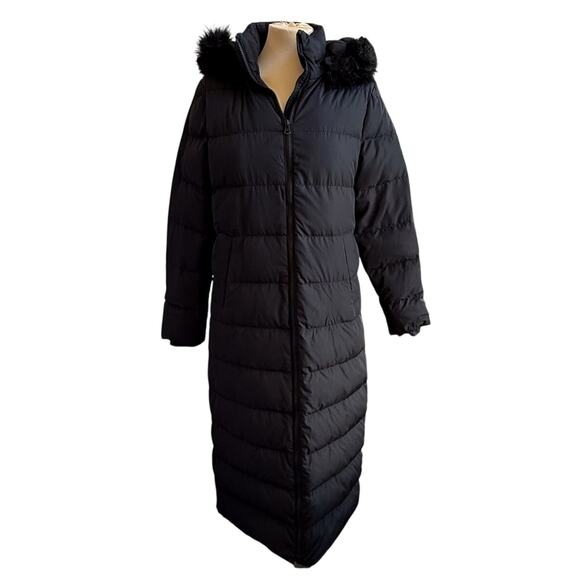 Lands End Puffer Long Coat Womens S Black Down Jacket Faux Fur Hood Winter - Picture 1 of 9